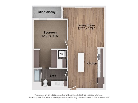 Floor plan for 1 bed, 1 bath, 768 sqft
